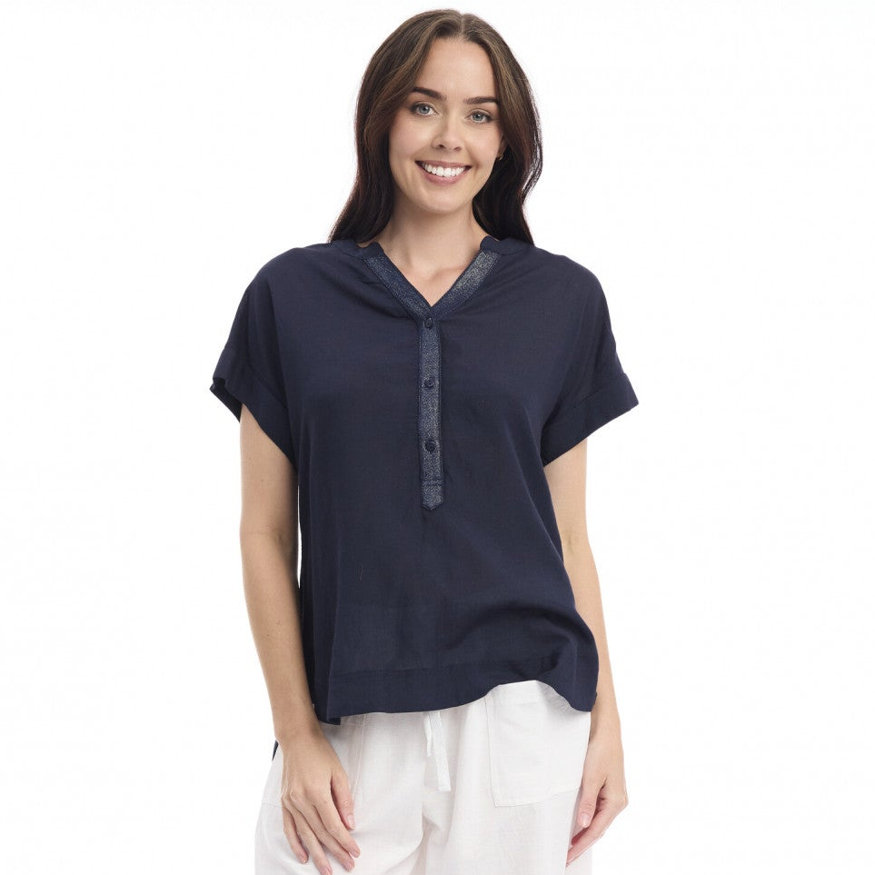 Orientique - V Neck Linen Top - Navy