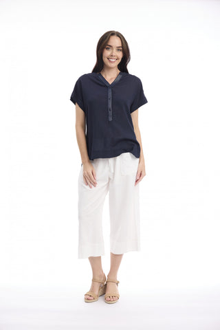 Orientique - V Neck Linen Top - Navy