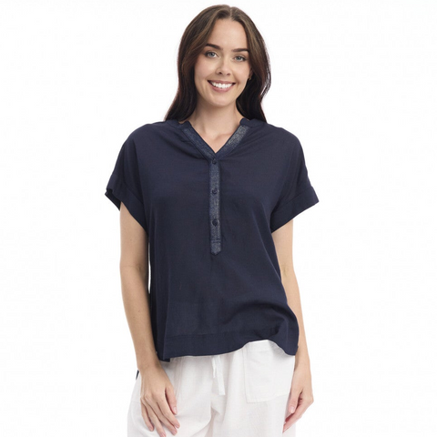 Orientique - V Neck Linen Top - Navy