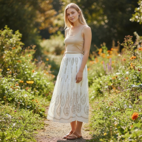 Melange - White Cotton Midi Skirt with Gold Embroidery