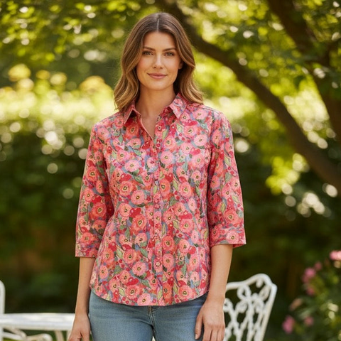 Equinox - 3/4 Sleeve Pure Cotton Shirt - Cottage Garden