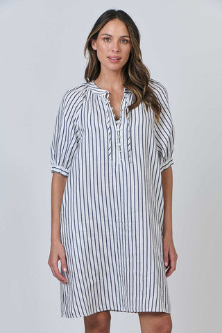 Naturals by O&J - Linen Tie Neck Dress-Blueberry Stripe