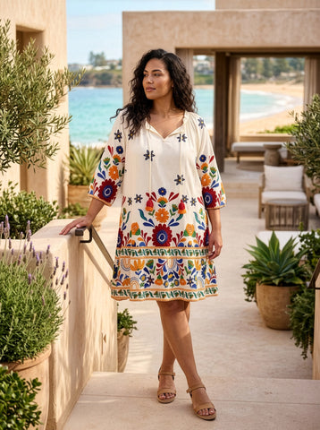 Orientique - 3/4 Sleeves Frill Neck Dress - Pellion