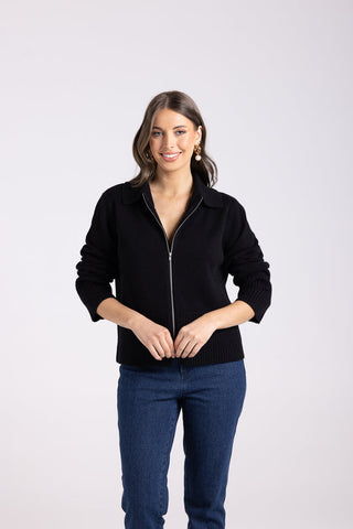 Two T's - Zip Through Merino/Cotton Cardigan- Black