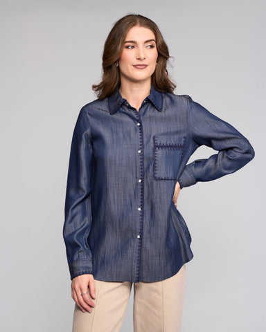 Vassalli - Banner Shirt with Blanket Stitch - Deep Blue