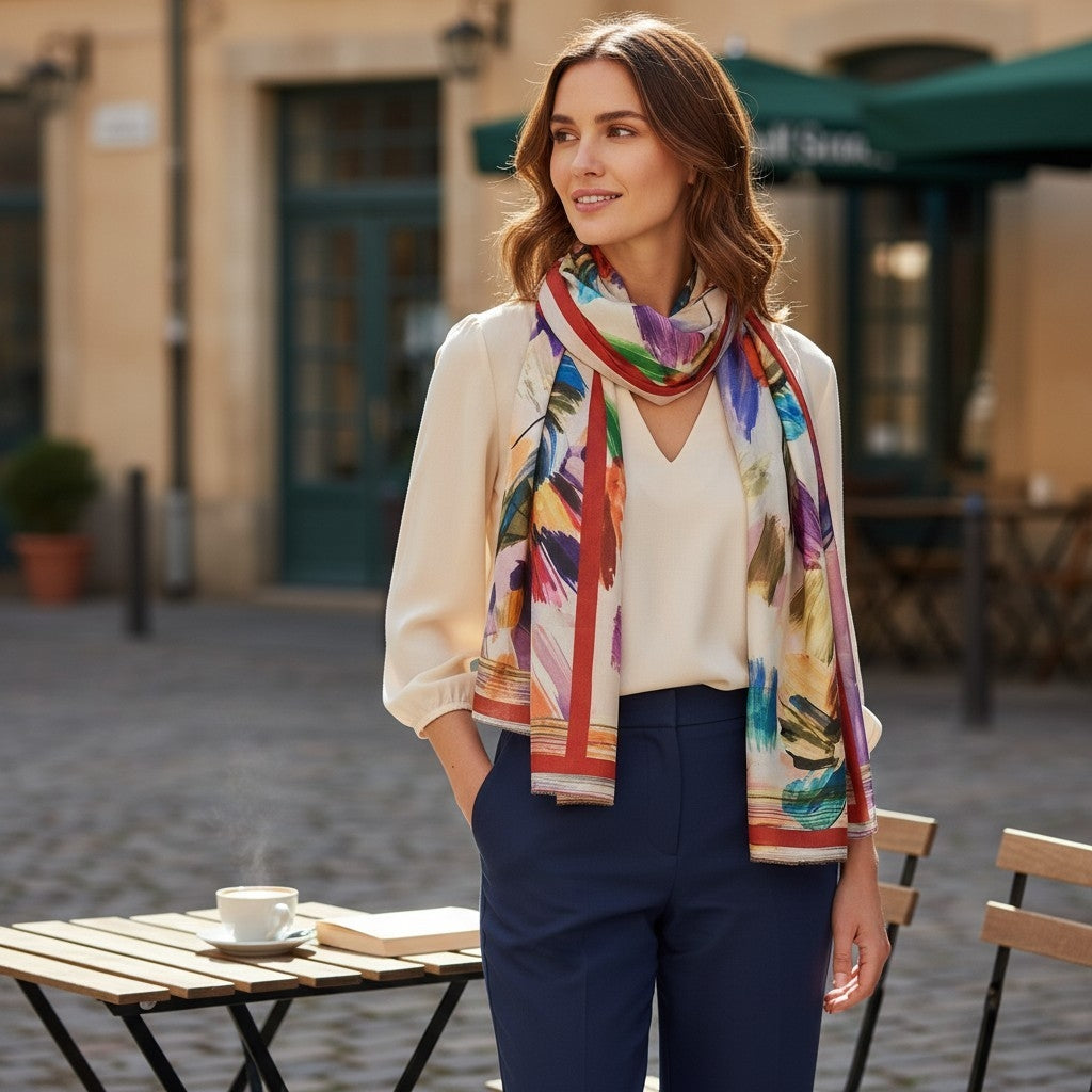 Melange - Wool and Silk Blend Luxury Scarf-Brushstroke Flowers
