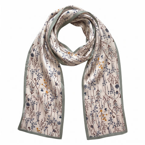 Double-Sided Silk Skinny Scarf - Botanical Pastel