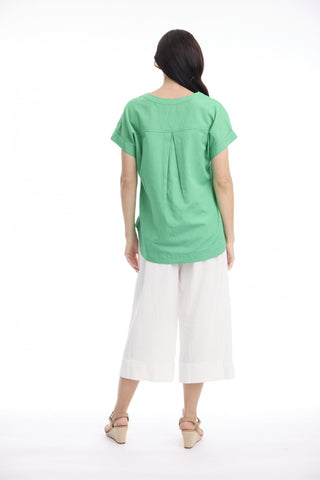 Orientique - V Neck Linen Top - Green
