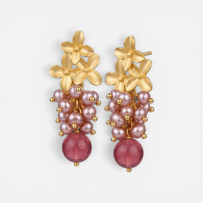 MCLuxe - Fleur de Perle Freshwater Pearl & Rose Quartz Floral Statement Earrings – 18K Gold Plated