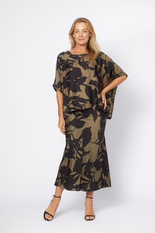 La Strada - Printed Bias Viscose Skirt - Military/Navy
