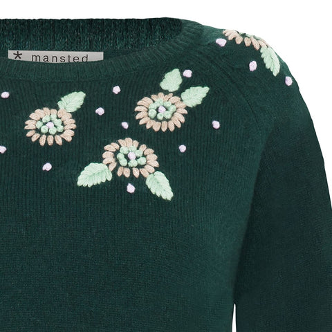 Mansted - Flower Lambswool Embroidered Crewneck Jumper - Cold Green