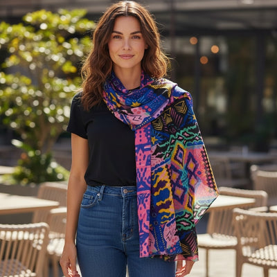 Melange - Wool and Silk Blend Luxury Scarf-Bright Ikat