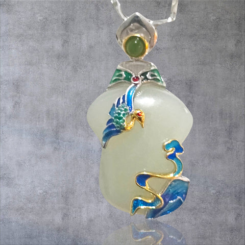 MCJewels - White Jade & Sterling Silver Crane Pendant with Chain