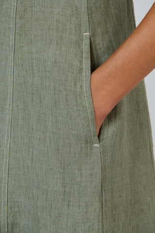 Naturals by O&J - Button Through A Line Linen Dress - Artichoke