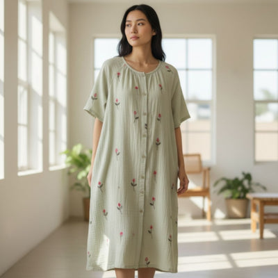 May Twenty - Embroidered Cotton Nightie - Rose Bud - Soft Green/Red