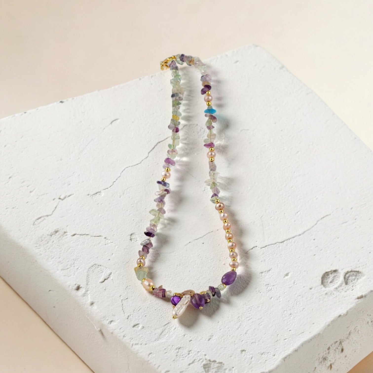 MCLuxe - Handcrafted Fluorite/Amethyst & Natural Pearl Necklace