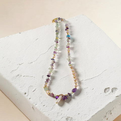 MCLuxe - Handcrafted Fluorite/Amethyst & Natural Pearl Necklace