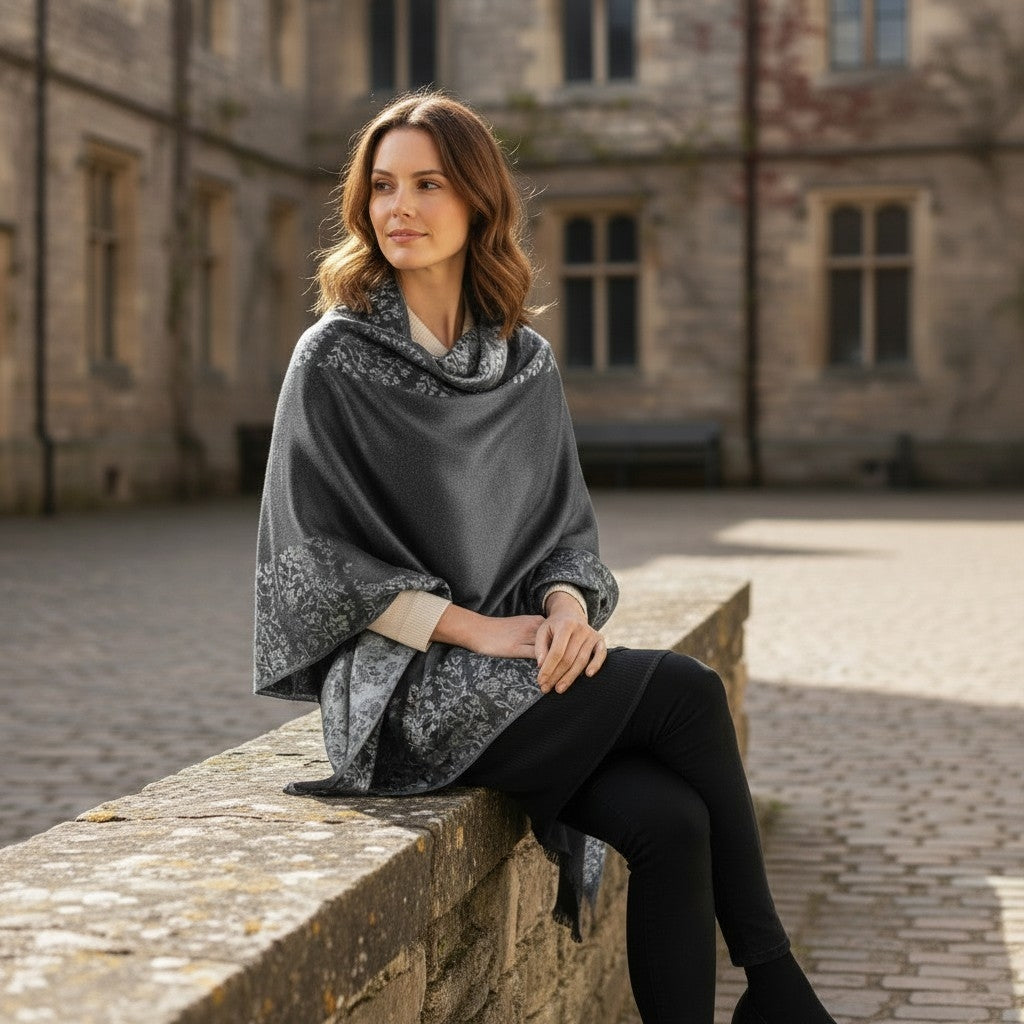 AUTN - Double Sided Paisley Border Wrap - Blkgrey - P91322- 2BkBge