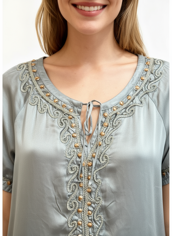 Caju - Blouse with Applique, Beadwork & Tie Neck-Sage