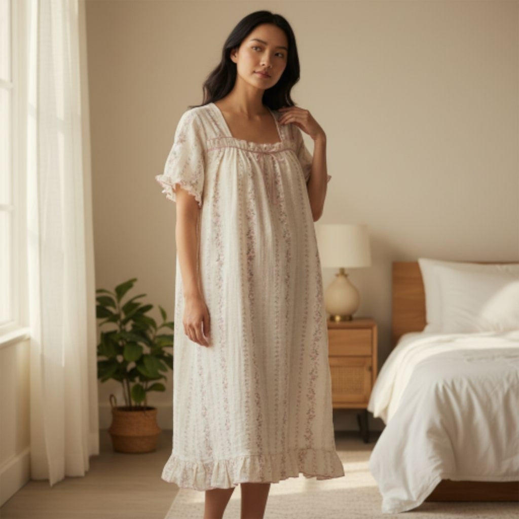 May Twenty - Printed Cotton Nightie - Floral Stripe - Pink
