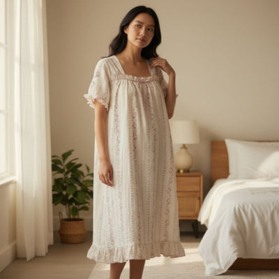May Twenty - Printed Cotton Nightie - Floral Stripe - Pink