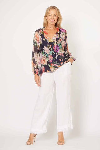 La Strada - Frill Tie Neck Top - Navy/Pink Floral