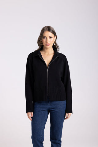 Two T's - Zip Through Merino/Cotton Cardigan- Black