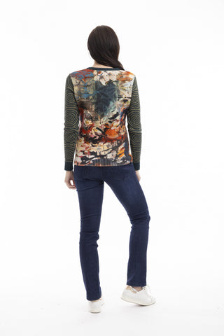 Orientique - Digital Print V Neck Jumper - Freebird