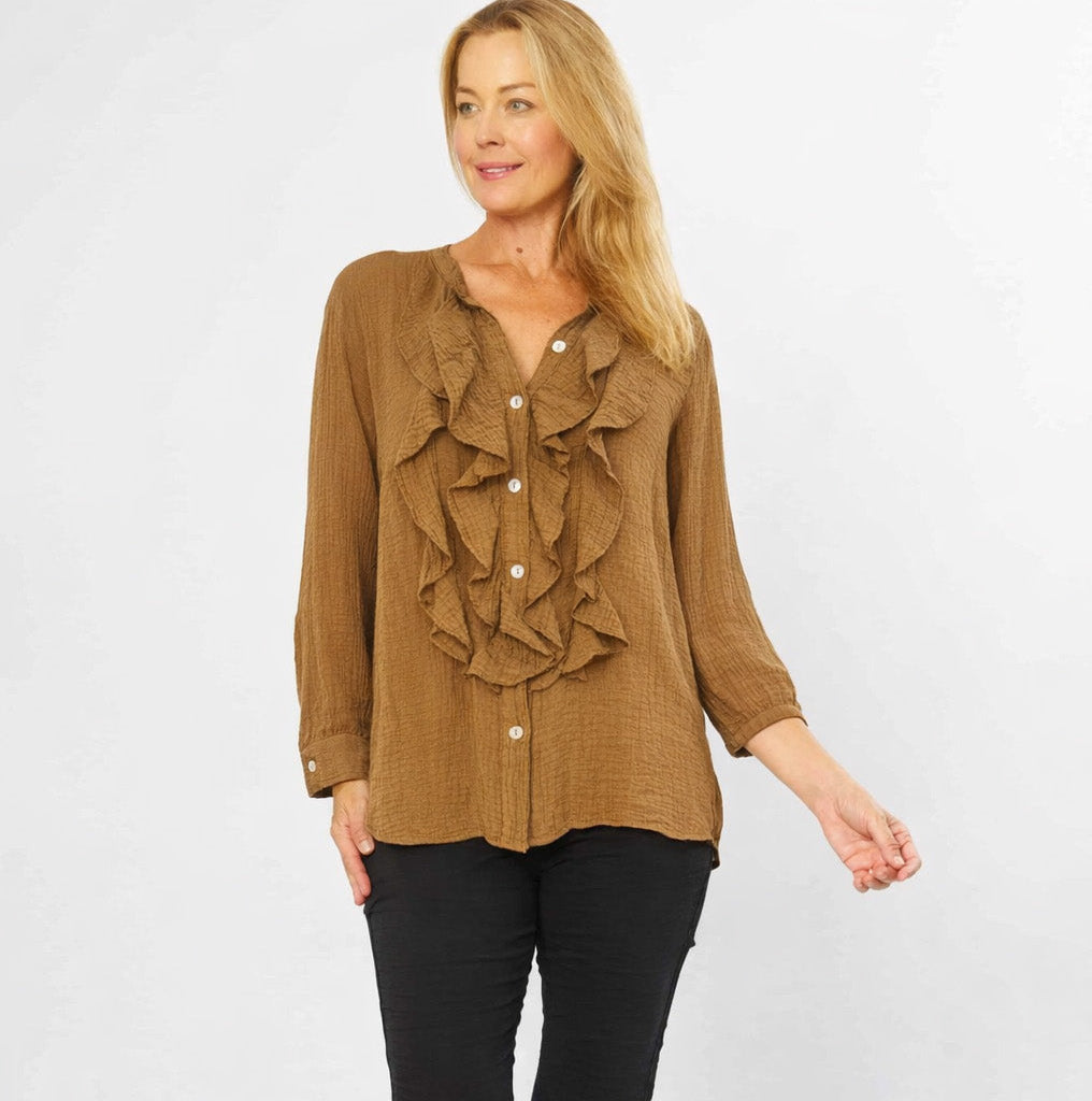 La Strada - Cotton Frill Muslin Top - Tabacco