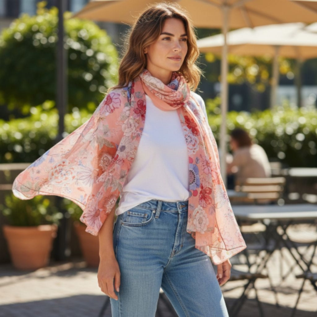 Melange - Blossom Breeze Silk Scarf - Coral