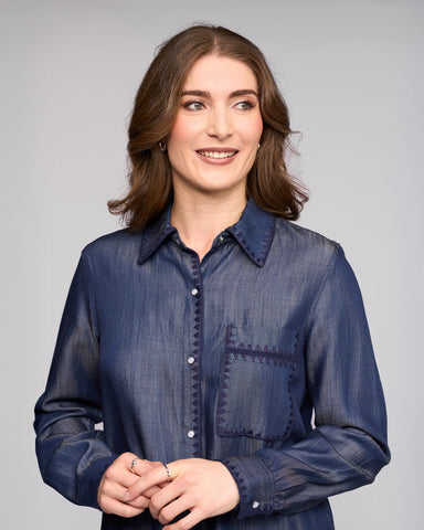 Vassalli - Banner Shirt with Blanket Stitch - Deep Blue