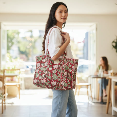 Melange - Handcrafted Floral Quilted Tote Bag – Crimson and Green Print
