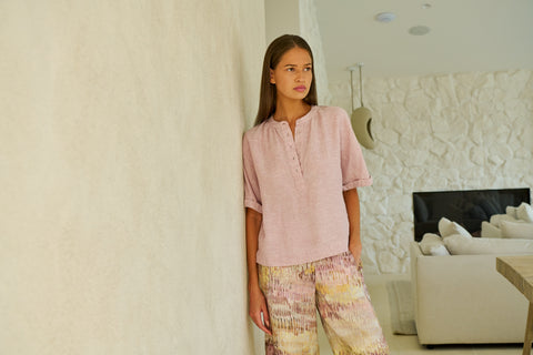 Naturals by O&J - Linen Half Button Boxy Top - Radish