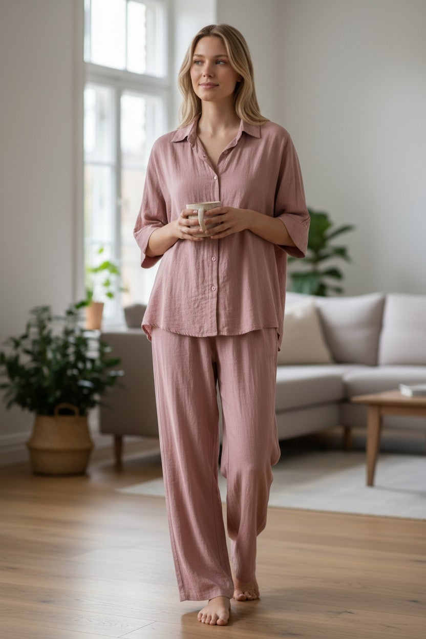 Melange - Wide Leg Linen Lounge Set-Rose