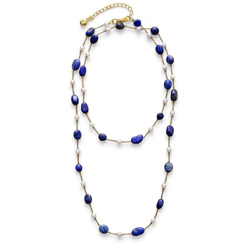 MCLuxe - Lapis Lazuli & Shell Pearl Long Station Necklace