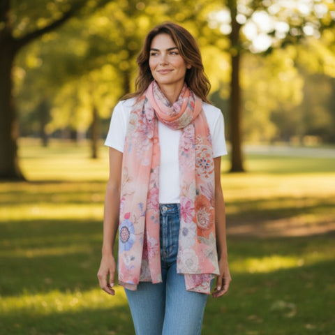 Melange - Blossom Breeze Silk Scarf - Coral