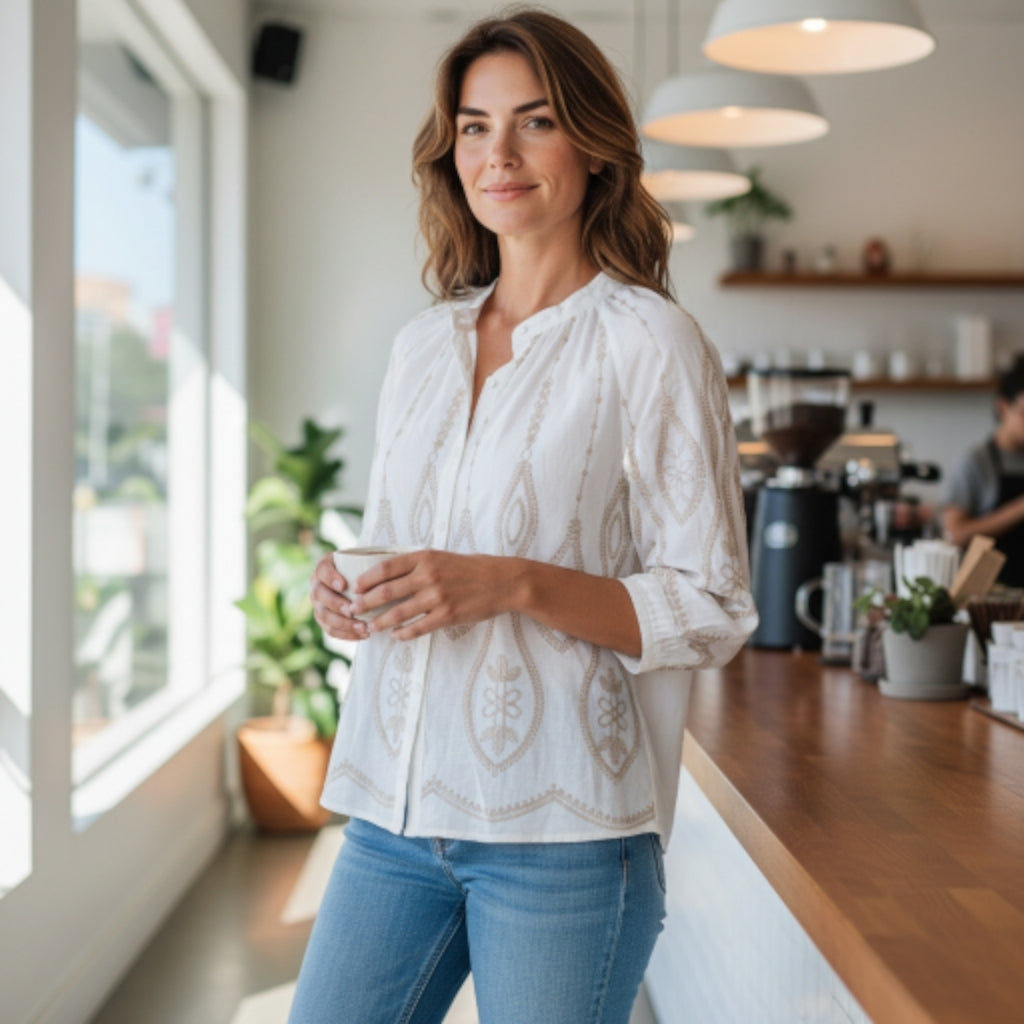 Melange - White Cotton top with Gold Embroidery