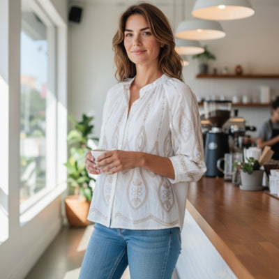 Melange - White Cotton top with Gold Embroidery