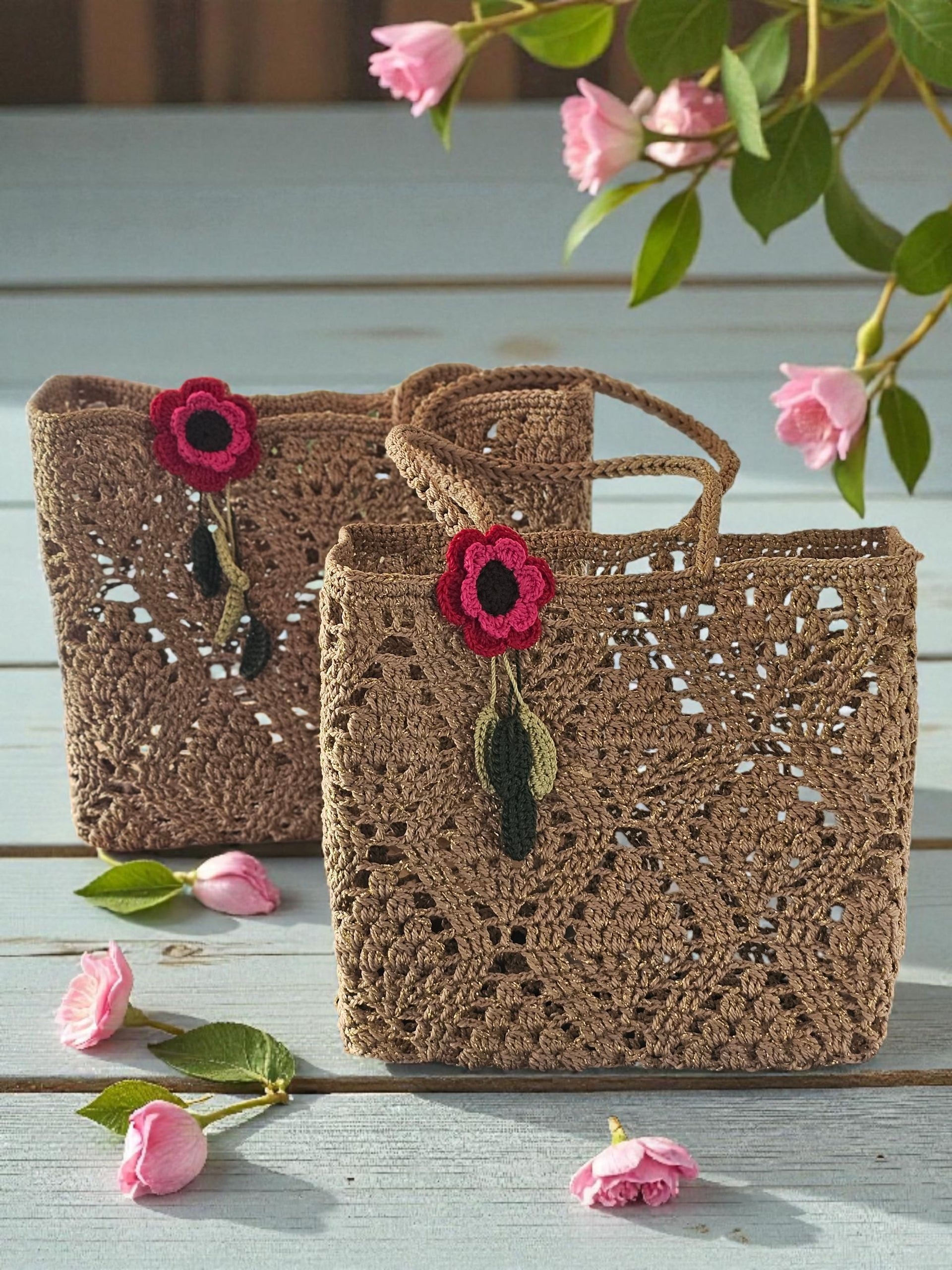 Melange Chic - Hampton Crochet Tote - Beige Gold - 2 Sizes