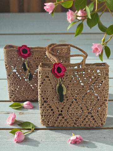 Melange Chic - Hampton Crochet Tote - Beige Gold - 2 Sizes