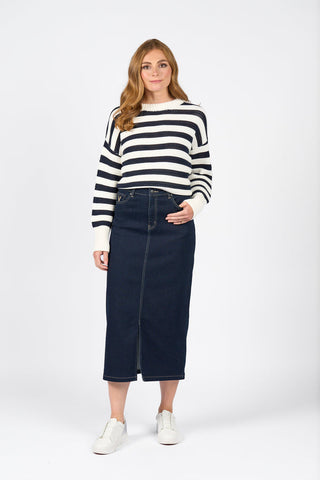 Vassalli - Mid Length Skirt with Centre Front Split - Ink Denim
