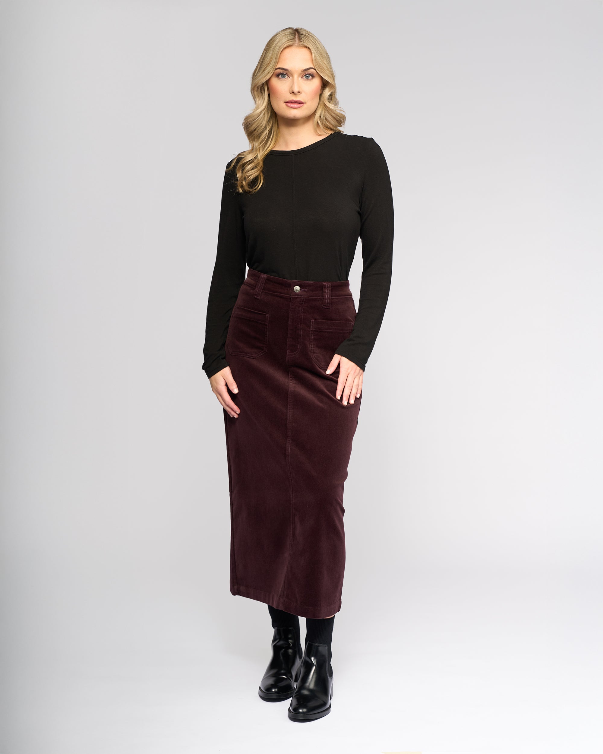 Vassalli - Lane Midi Length Cord Skirt - Merlot