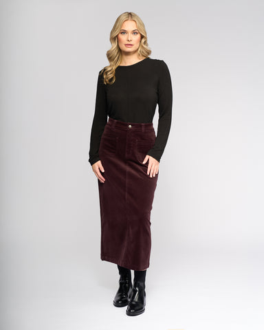 Vassalli - Lane Midi Length Cord Skirt - Merlot