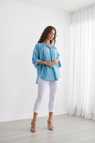 Caju - Hidden Buttons & Embroidered Shirt - Sky