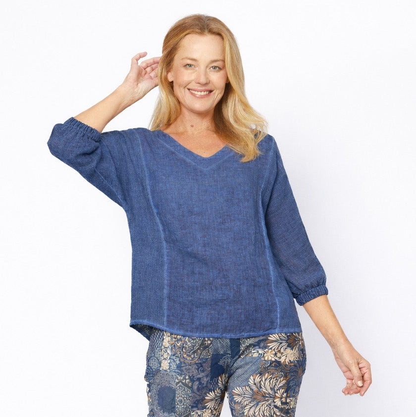 La Strada - Linen/Cotton Mesh Panel Sides V-Neck Top - Navy