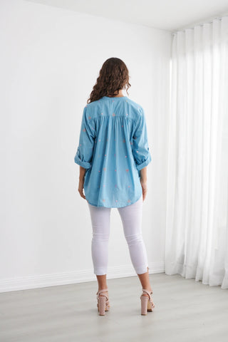 Caju - Hidden Buttons & Embroidered Shirt - Sky