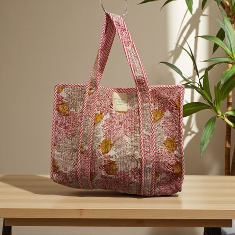 Melange - Handcrafted Floral Quilted Tote Bag – Pink & Mustard Print