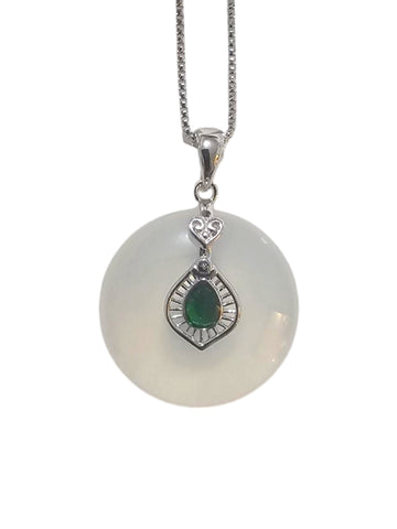MCJewels - White Jade & Sterling Silver Disc Pendant with Chain