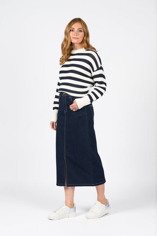 Vassalli - Mid Length Skirt with Centre Front Split - Ink Denim