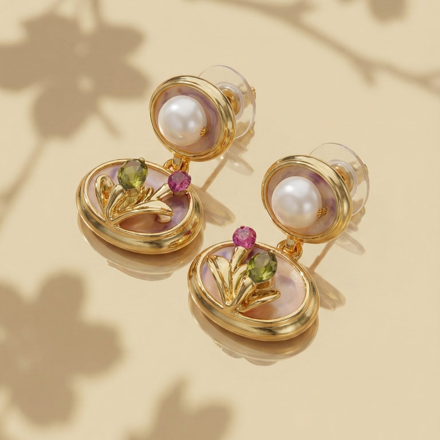MCLuxe - Vintage-Inspired Enamel Floral Earrings with Crystal Accents- Pink